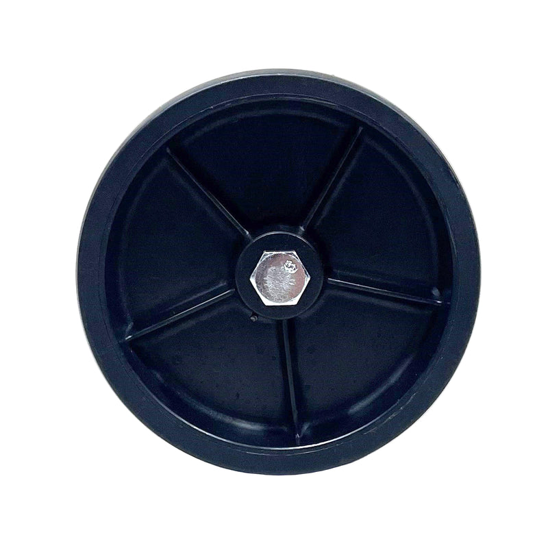 A black jack wheel for a swing down jack, measuring 6 inches in diameter.