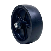 Black wheel with a mounting bolt and nut on a white background