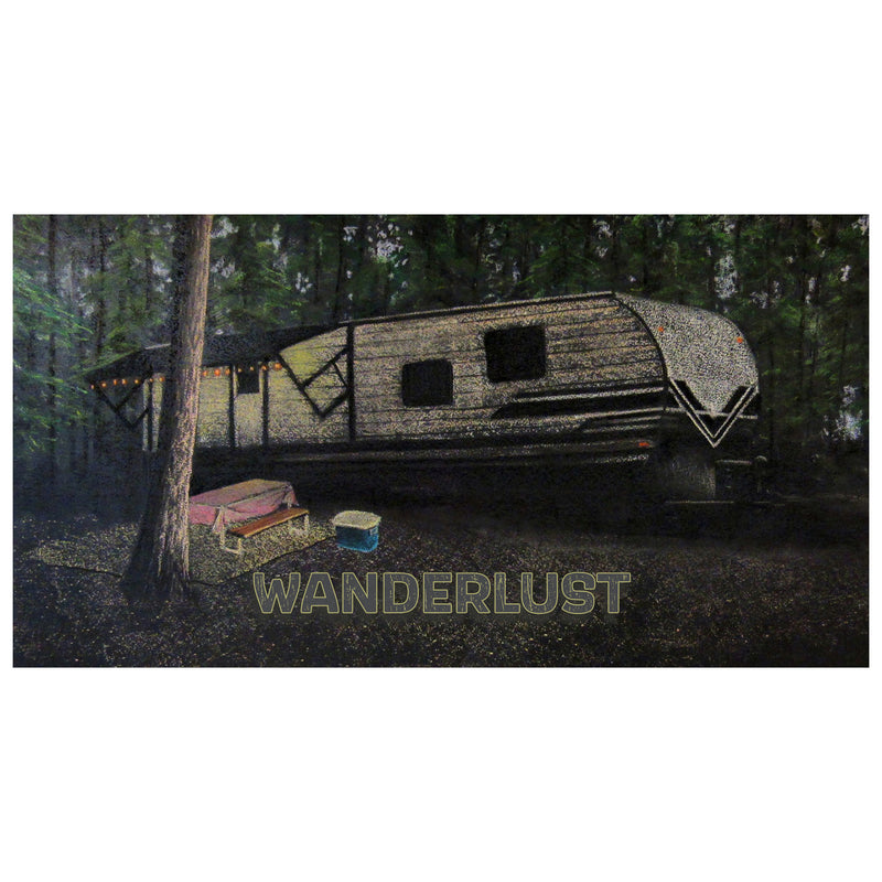 A decal featuring a forest scene with a camper and the text 'WANDERLUST'.