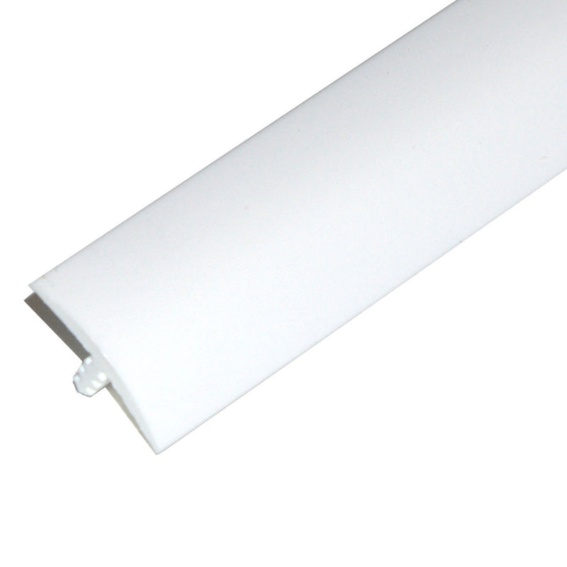 A white piece of T molding used for trim purposes around a table or countertop.