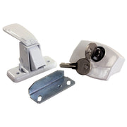 A white screen door latch system, including the latch, lock, and a key, along with a metal mounting plate.