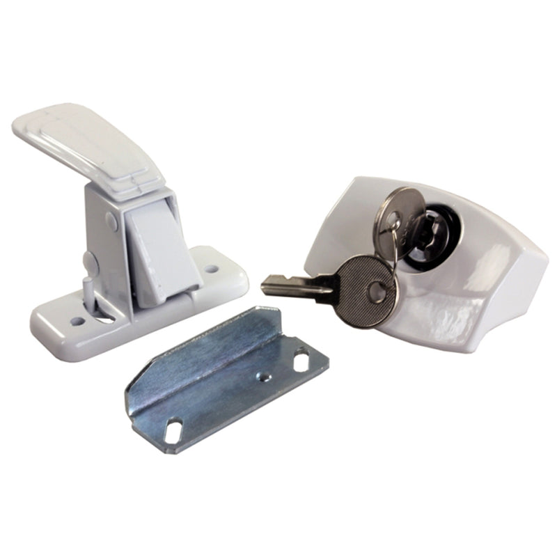 A white screen door latch system, including the latch, lock, and a key, along with a metal mounting plate.