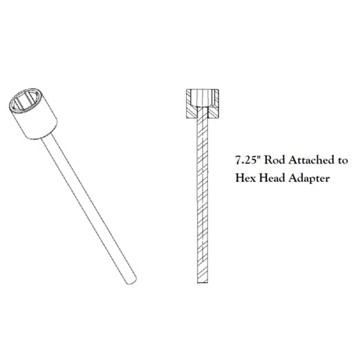 Technical drawing of a 7.25-inch rod attached to a hex head adapter on a white background.