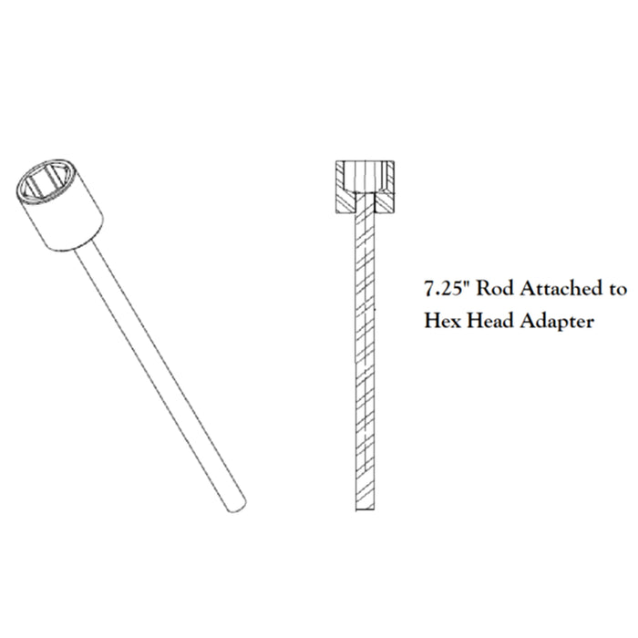 Technical drawing of a 7.25-inch rod attached to a hex head adapter on a white background.