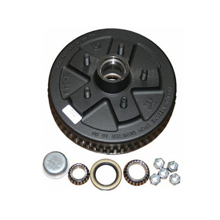 A complete brake drum assembly including the drum, bearings, races, seals, dust cap, and lug nuts.
