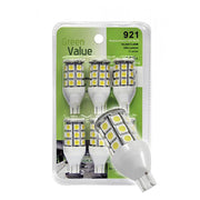 Pack of six wedge base LED bulbs in white color, designed for vehicle interior lighting, displayed in green packaging.