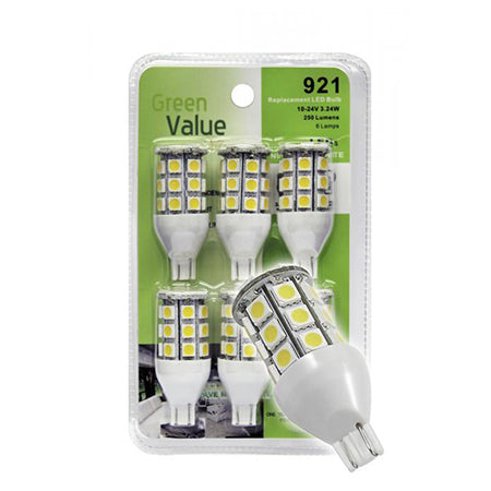 Pack of six wedge base LED bulbs in white color, designed for vehicle interior lighting, displayed in green packaging.