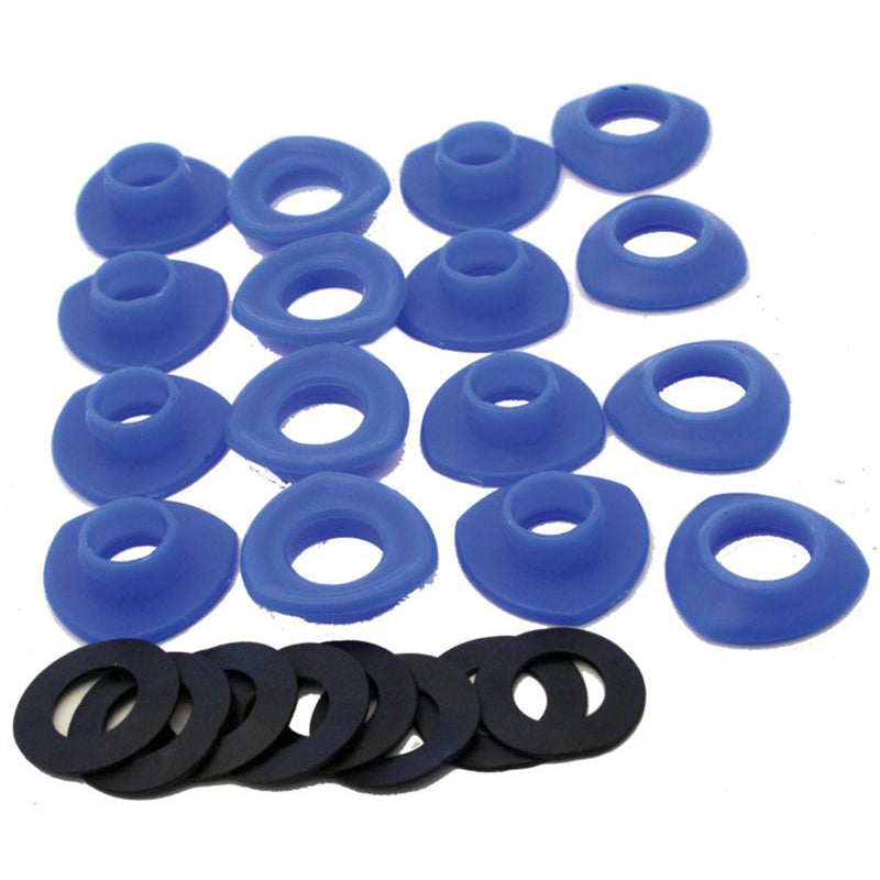 A collection of blue grommets and black washers arranged on a white background.