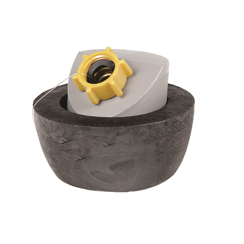 A gray water seal with a yellow and gray gripper on top, designed for draining grey water from a vehicle into a sewer system.