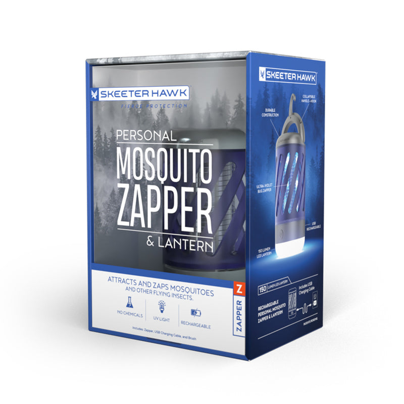 Packaging box for Skeeter Hawk Personal Mosquito Zapper & Lantern with product image and details.