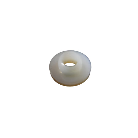 A single white plastic washer against a black background.