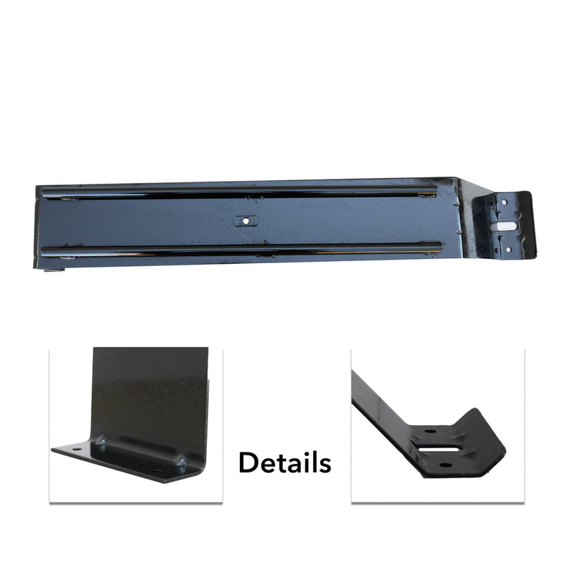 A black metal spare tire mount bracket with detailed close-up views on the side.