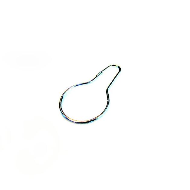 A single silver metal shower curtain clip against a white background.