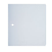 A white metal side panel for a vehicle, with a hole cut for the access door lock.