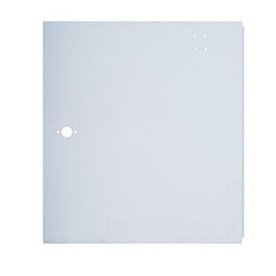 A white metal side panel for a vehicle, with a hole cut for the access door lock.
