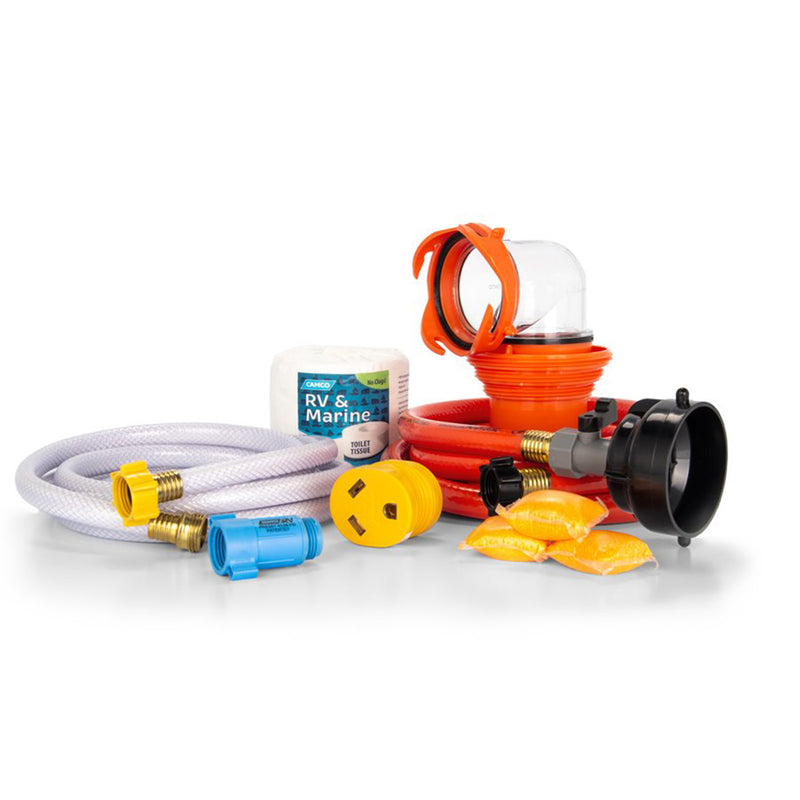 A collection of RV camping accessories including a TastePURE drinking water hose, RhinoFLEX clean out hose system, a transparent elbow with swivel bayonet fitting, a universal 4-in-1 adapter, a sewer hose rinse cap, a plastic water pressure regulator, TST Orange Drop-INs, and a 15M/30F Power Grip adapter.