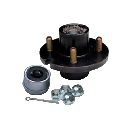 A black hub assembly with four lug nuts and a cotter key, typically used for box units without electric brakes.