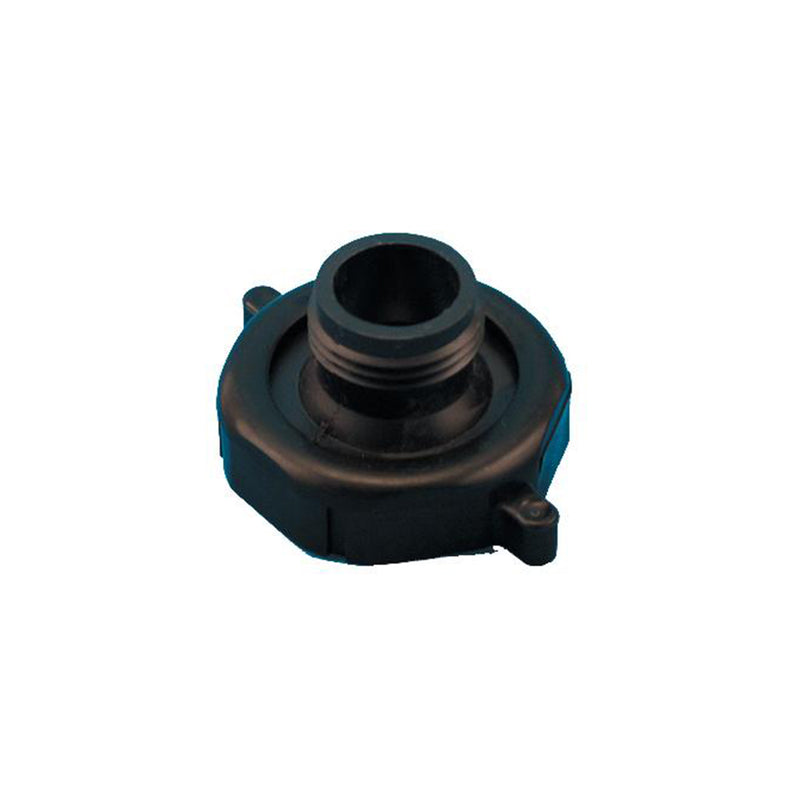 Black drain connector with a male threaded end and a female snap-on end, designed for attaching to a sink or drain.