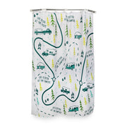 A polyester shower curtain with a white background featuring a green map design, depicting RVs and camping sites, aimed at providing a stylish and private element for RV showers.