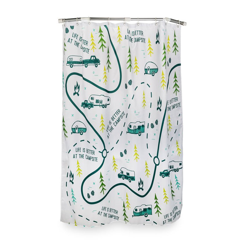 A polyester shower curtain with a white background featuring a green map design, depicting RVs and camping sites, aimed at providing a stylish and private element for RV showers.