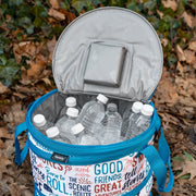 A blue pop-up cooler with a white text graphic design, opened to show the water bottles inside.