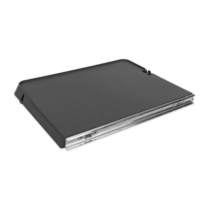A charcoal gray Camco's RV Rail Mount Table with a foldable leg, designed to hang on an RV's exterior grill rail.