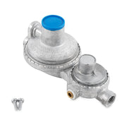 A silver low pressure propane regulator with a rear vent and blue adjustment knob, suitable for pop up appliances.