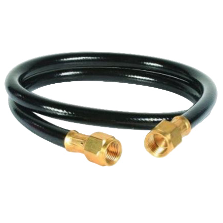 A black LP gas hose with gold-colored 3/8 inch male flare connectors on each end.
