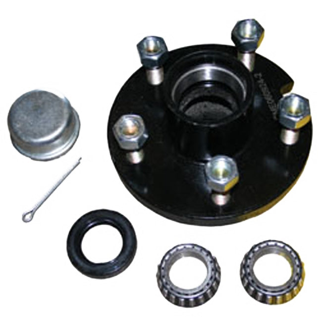 A black hub assembly with 5 lug nuts, accompanied by bearings, races, seal, cotter key, and lug nuts.