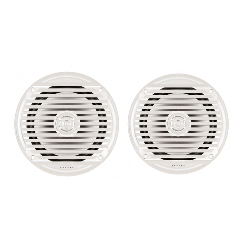 Two white exterior grade Jensen speakers with a titanium dome tweeter visible.