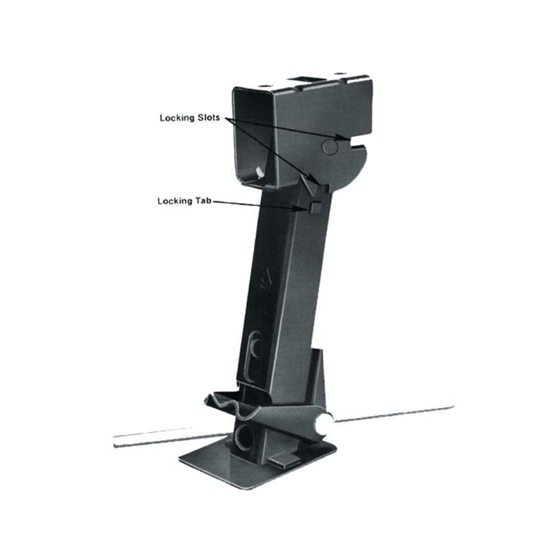 A black swing down corner stabilizer jack with labeled parts including 'Locking Slot' and 'Locking Tab'.