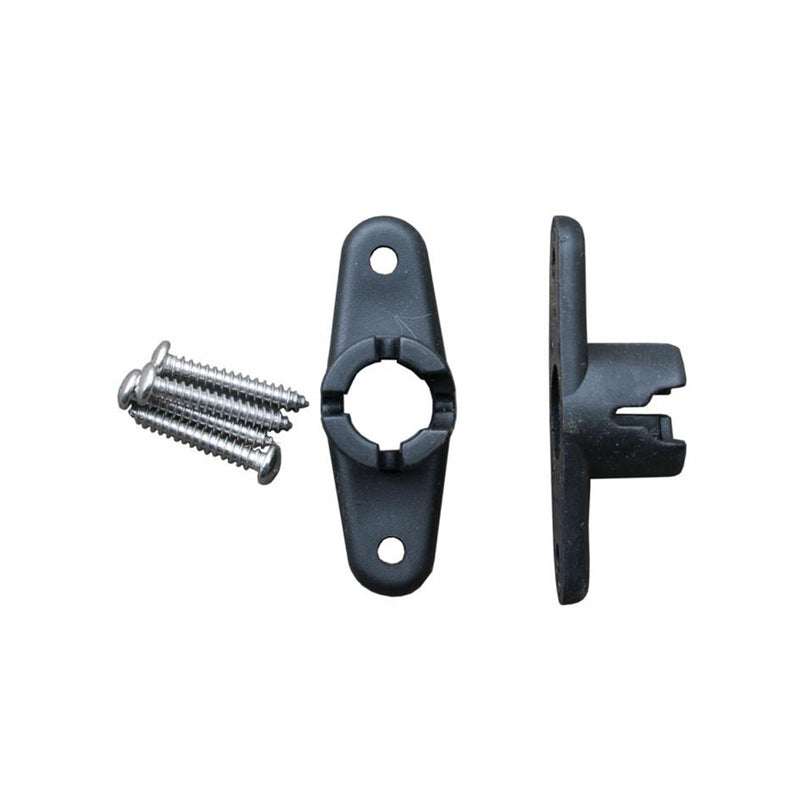 Two black metal brackets with mounting screws, used for awning rafter poles.