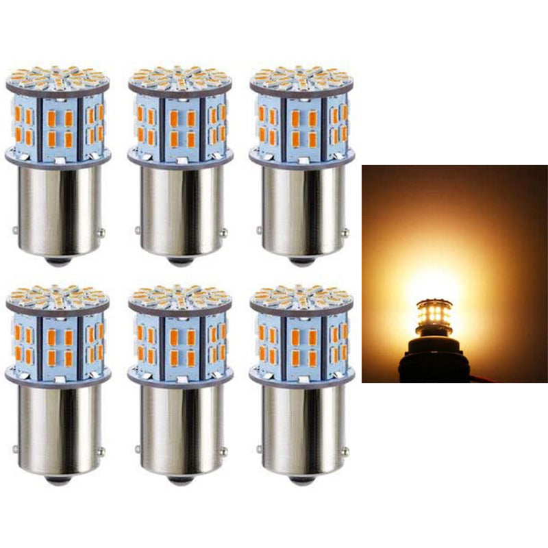 A pack of six LED bulbs with one bulb illuminated, showing a warm white light.