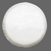 A white spare tire cover made of strong black vinyl with a corded edge, displayed in a round shape.