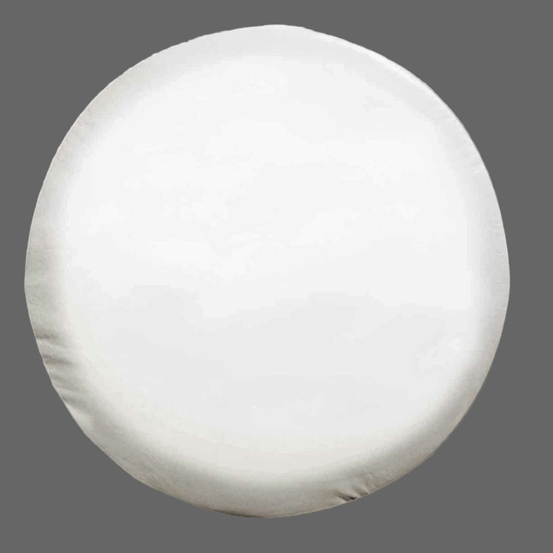 A white spare tire cover made of strong black vinyl with a corded edge, displayed in a round shape.