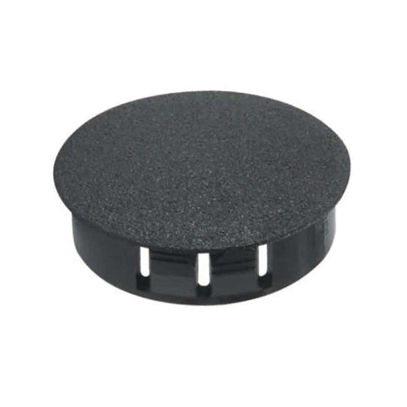 A black round hole plug made of plastic, likely used for bumpers or air conditioner braces.