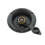 A black water fill valve with a brass check valve and a handle, viewed from the side.