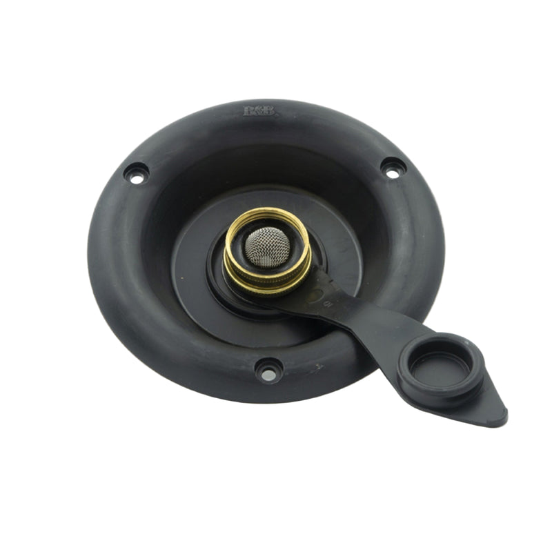 A black water fill valve with a brass check valve and a handle, viewed from the side.