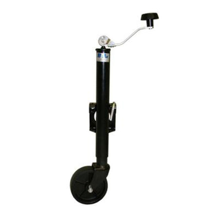 A black swing down tongue jack with a handle, wheel, and clip mounted to the side.
