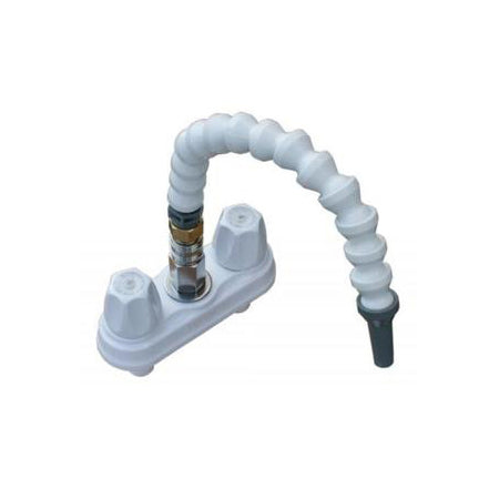 A white galley kitchen sink faucet with a flexible, removable spout and quick connect fitting.