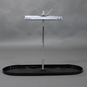 A metal bracket kit designed to hold two propane tanks, featuring a base, threaded rod, and top tank bracket, displayed on a gray background.