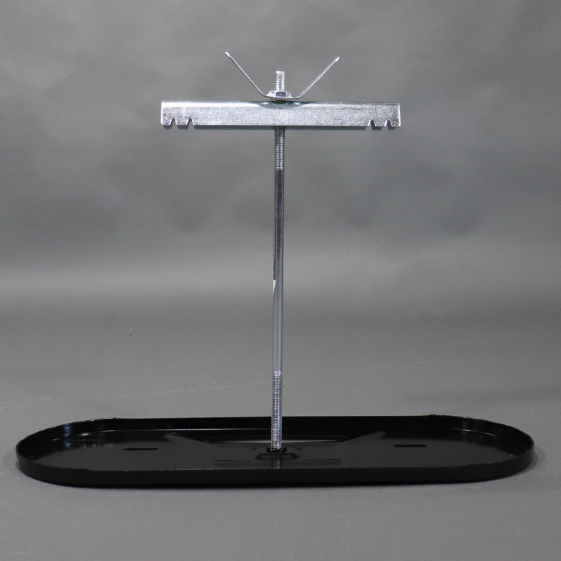 A metal bracket kit designed to hold two propane tanks, featuring a base, threaded rod, and top tank bracket, displayed on a gray background.