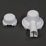 Two white plastic regulator covers designed for protecting LP gas regulators, displayed on a dark background.