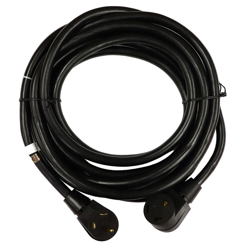 A 30 Amp black extension cord with Type 10/3 STW-30A-125V specification, coiled and ready for use.