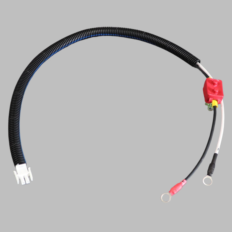 A battery harness with a 15 amp breaker, featuring black and red wires, sheathed terminal ends, and flexible wire loom protection.