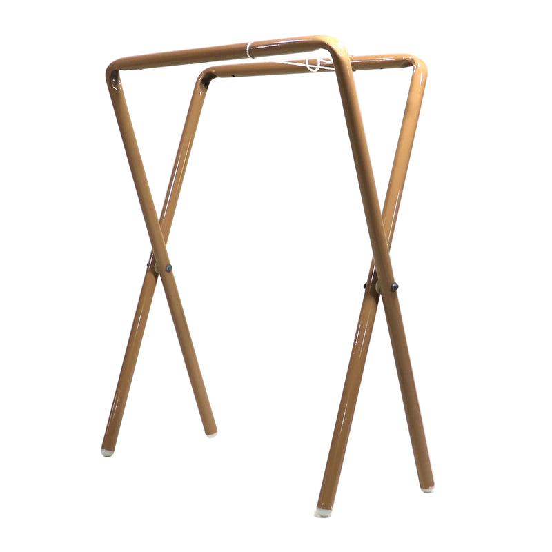 A pair of light tan colored folding table legs, designed to be clipped under a table top.