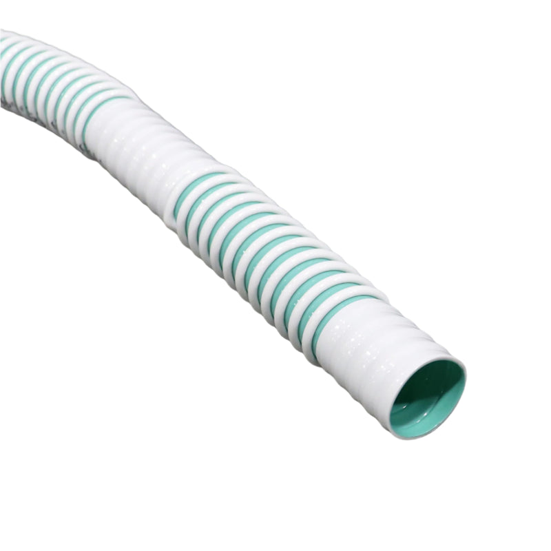 A flexible white water hose with green stripes, used for connecting a fresh water fill hatch to a water tank.