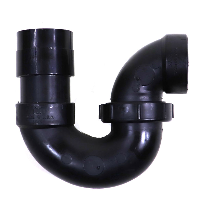 A black plastic shower drain trap, curved in shape, designed for installation in a shower system.