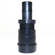 A black sink drain connector with a barbed hose attachment shown standing up.