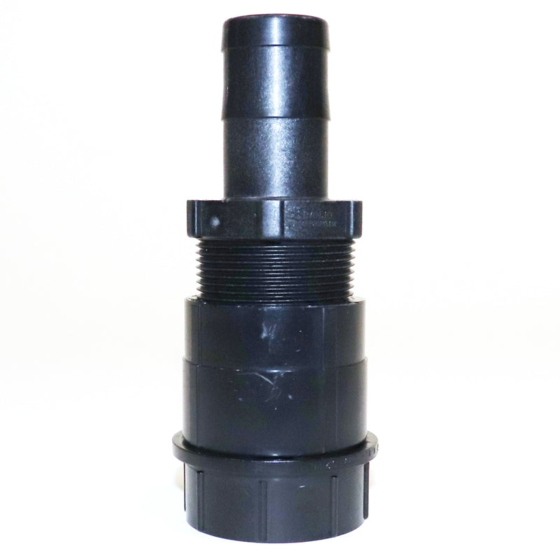 A black sink drain connector with a barbed hose attachment shown standing up.